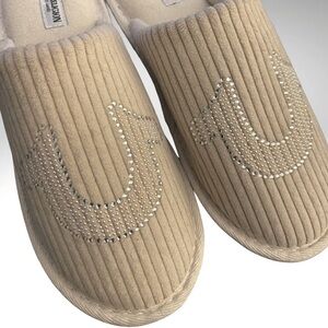 True Religion Beige Corduroy Slip-On Mules with Crystal Accent - Women's